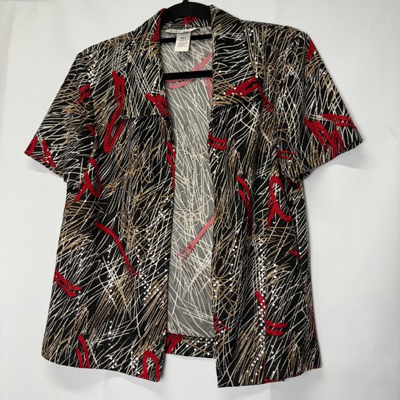 Miss Dorby Size 8 Abstract Print Short Sleeve Open Front Blouse Jacket Sequined - Picture 1 of 7